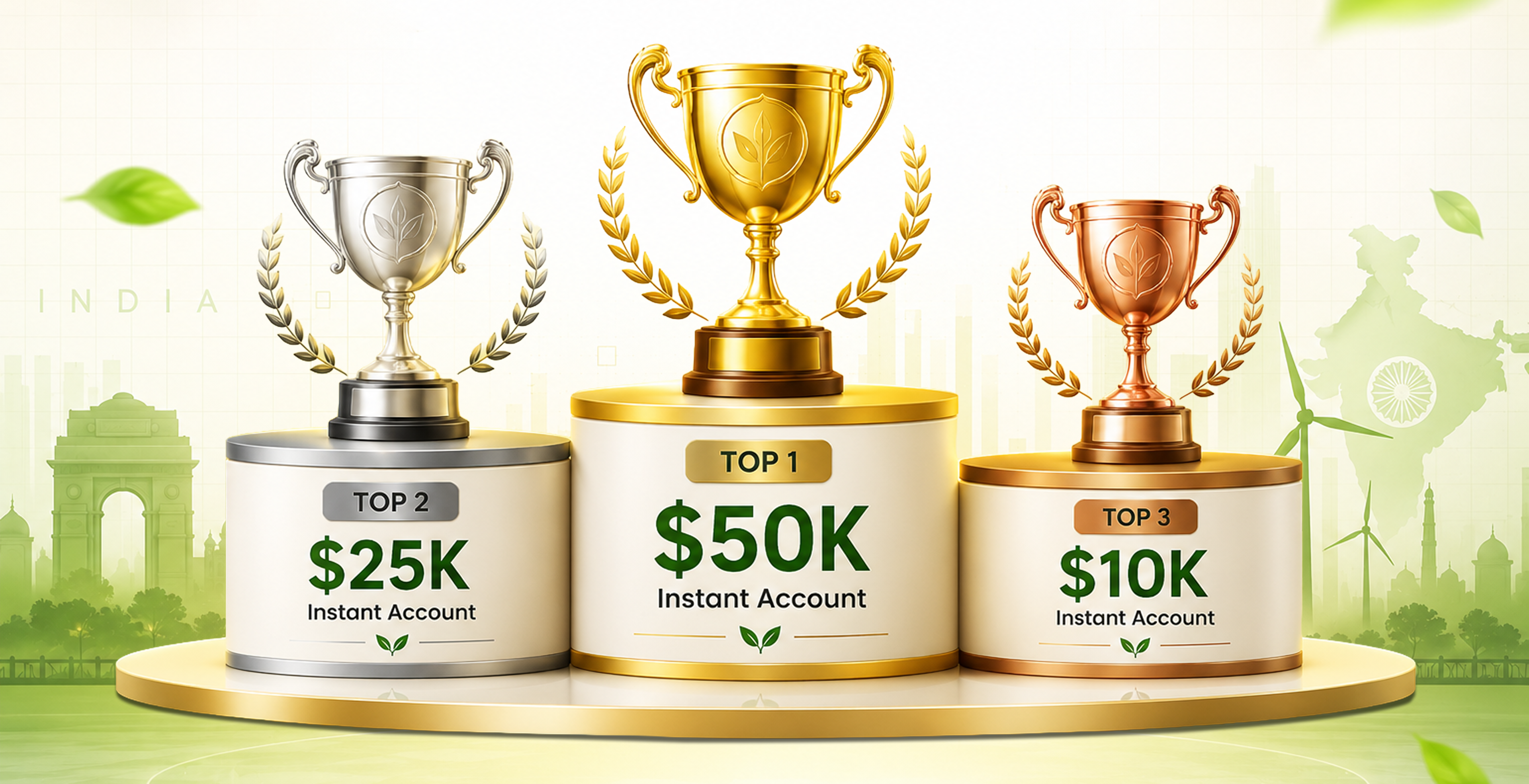 Award podium: Top 2 wins a $25K instant account, Top 1 wins a $50K instant account, Top 3 wins a $10K instant account.